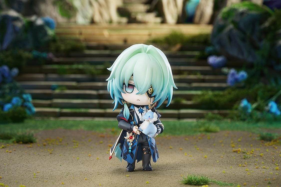 Honkai Star Rail Nendoroid Anaxa Figure featuring Anaxa with mint-green hair, red eyes, ornate outfit details, and translucent blue effect accessory.