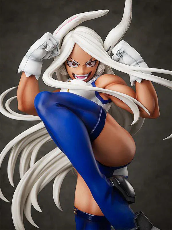 My Hero Academia Mirko 1/4 Scale Figure mid-kick pose with white hair, blue suit, and smoke-effect base
