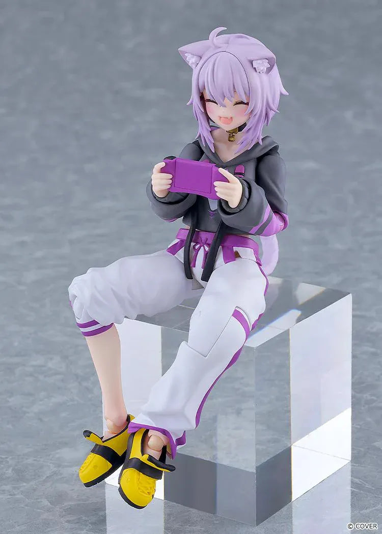 hololive production figma Nekomata Okayu Figure with lavender hair, cat ears and tail wearing her signature black purple and white outfit