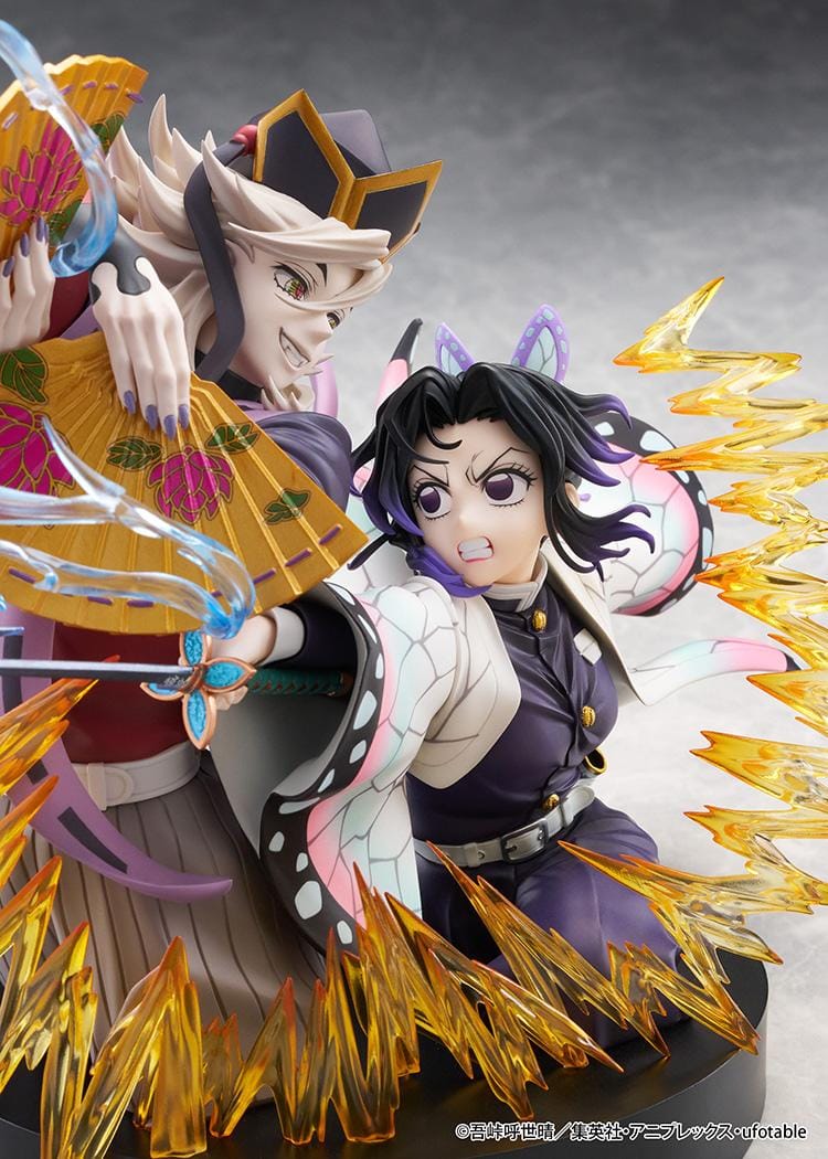 Demon Slayer Kimetsu no Yaiba Shinobu Kocho and Doma Non-Scale Figure with battle pose, translucent attack effects, fan accessory, and display base