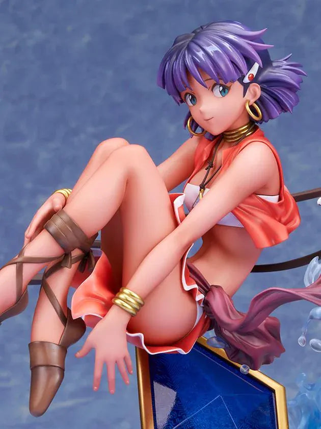 Nadia 1/7 scale figure in a red outfit with purple hair, a white lion companion, flowing ribbons, and swirling blue water effects.