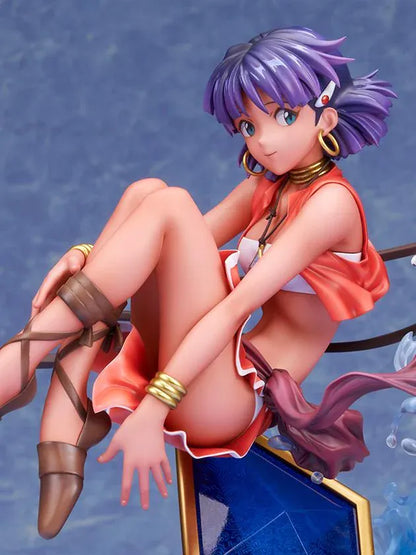Nadia 1/7 scale figure in a red outfit with purple hair, a white lion companion, flowing ribbons, and swirling blue water effects.
