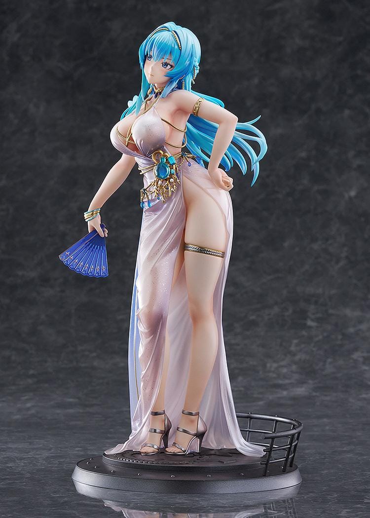 Goddess of Victory: Nikke Helm Chandelier 1/7 scale figure in shimmering pale dress with blue hair, gold accessories, and fan on ship-like base