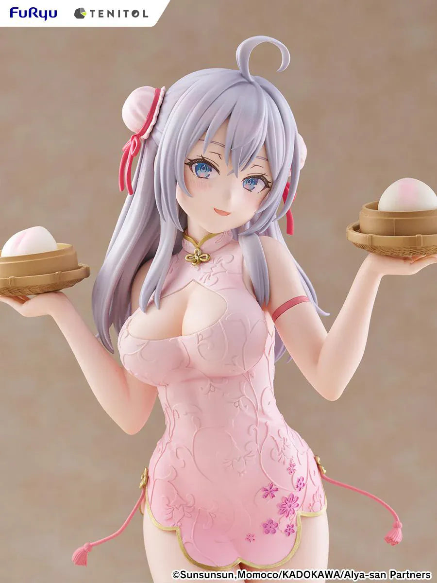 Alya Sometimes Hides Her Feelings in Russian TENITOL TALL Alya Cheongsam ver. Figure featuring Alya with long silver hair, pink cheongsam outfit, steamed bun accessories, and pink shoes.