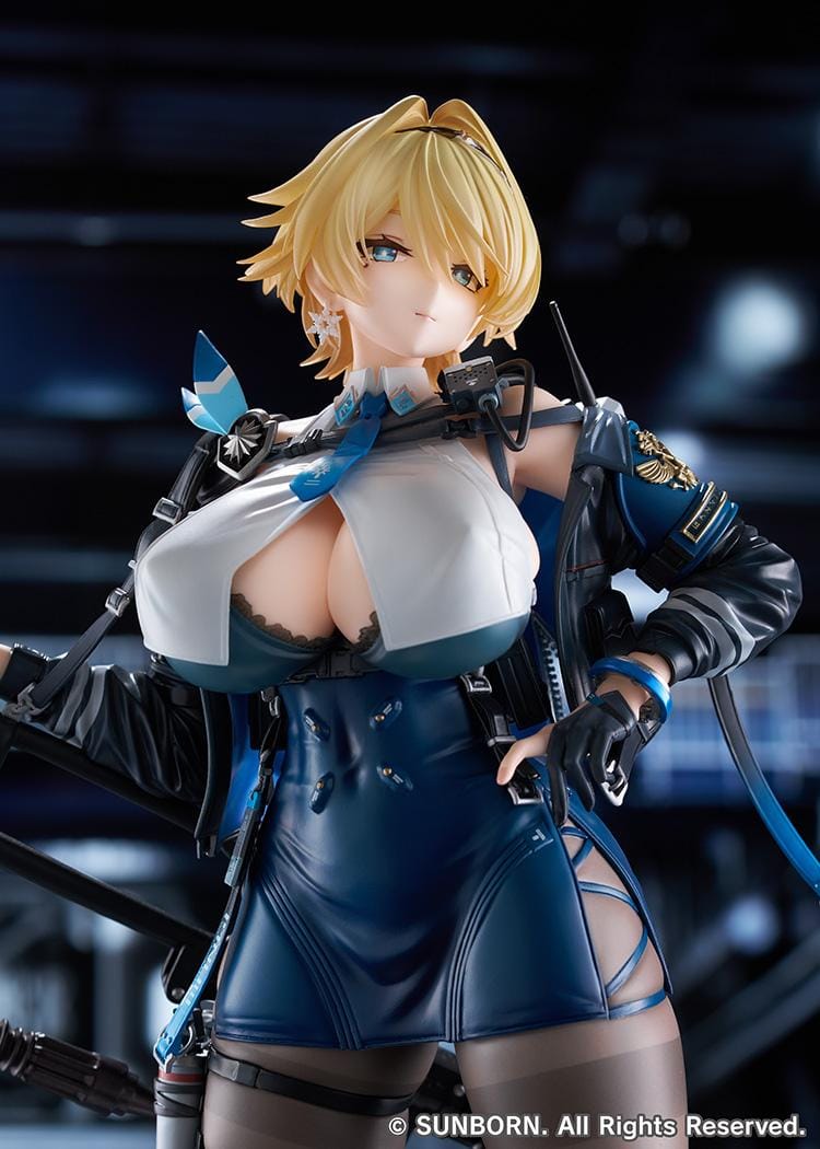 Girls' Frontline 2 Exilium Nikketa 1/6 Scale Figure with blonde hair, blue tactical outfit, weapon accessory styling, stockings, and display base