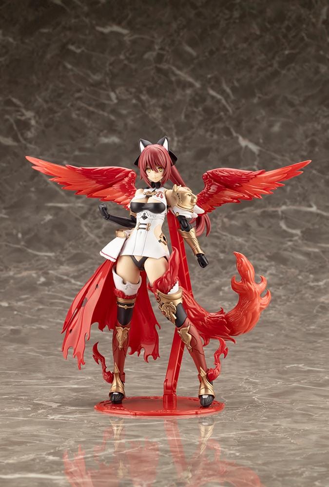 Assembled Arcanadea Charmed model kit with red hair, animal ears, a white and black outfit, gold armor accents, and a sweeping flame-like red tail.