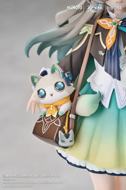 Honkai Star Rail Rise Up+ Chibi Cat Series Firefly Figure featuring Firefly in a cute chibi-style outfit with cat-themed display accents, colorful backdrop, and themed base.