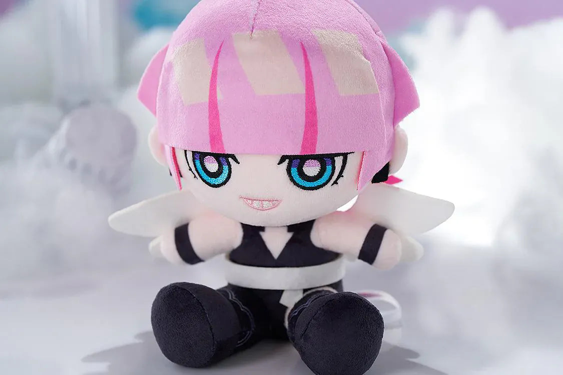 New PANTY & STOCKING with GARTERBELT Polyurethane Punipuni Plushie with pink hair, blue eyes, black outfit, wing details, and seated chibi plush design