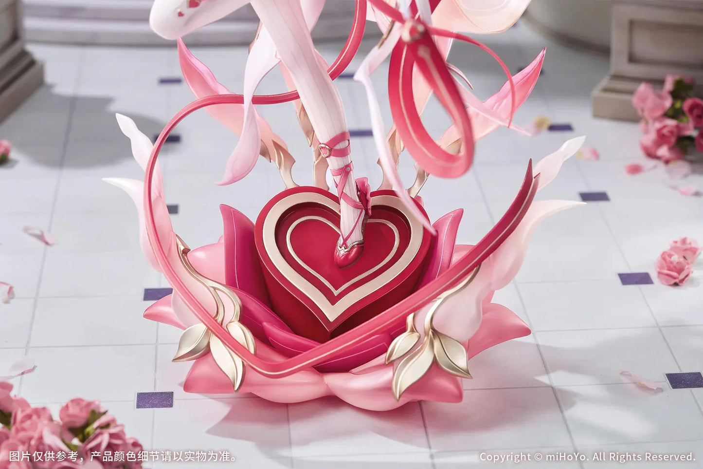 Honkai Impact 3rd Elysia Hi Love Elf Ver. 1/7 Scale Figure Bonus Edition featuring Elysia in a pink-and-white outfit with heart-themed base, ribbon effects, and musical accessories.