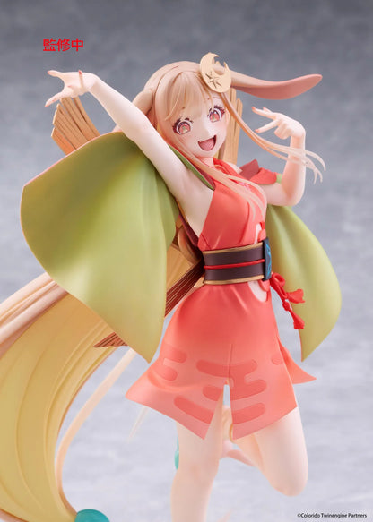 Cosmic Princess Kaguya! Kaguya VR Ver. Coreful Figure featuring a blonde-haired anime girl with pink eyes, long flowing hair, bunny ears, a crescent moon hair accessory, a coral-pink outfit with green sleeves, and colorful shoes in an energetic pose on a transparent circular base.