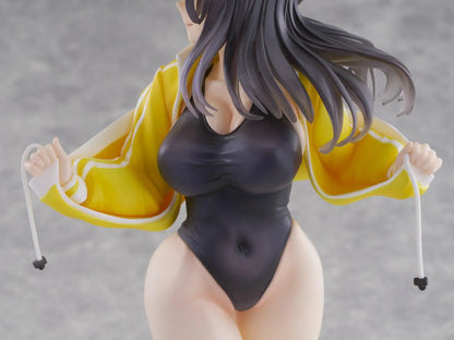 KoiKoi Sakura Kyou kara Suieibu Komon no Tama-chan Sensei 1/6 Scale Figure featuring a dark-haired anime woman with golden eyes wearing a black swimsuit, yellow athletic jacket, and white cap with a yellow brim, posing barefoot on a transparent circular base.