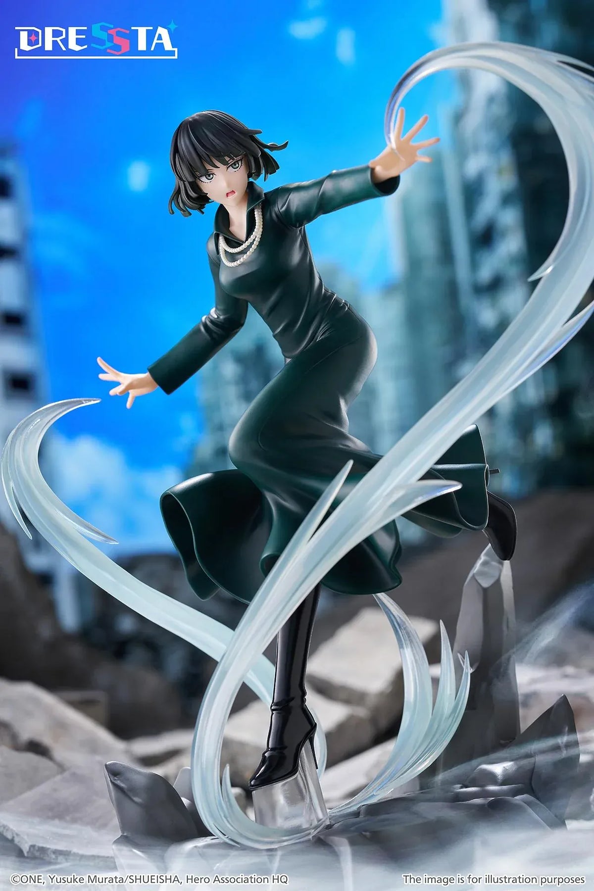 Hellish Blizzard Dressta figure in a flowing dark green dress surrounded by translucent psychic energy effects on a rocky base.