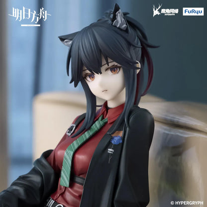Arknights Texas Will Ver Noodle Stopper Figure featuring Texas seated in a red shirt, green tie, black skirt, oversized jacket, and red boots