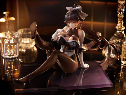 Azur Lane Takao Full Throttle Charmer figure seated with one leg raised, wearing a black and white outfit, dark stockings, and a white hair bow.