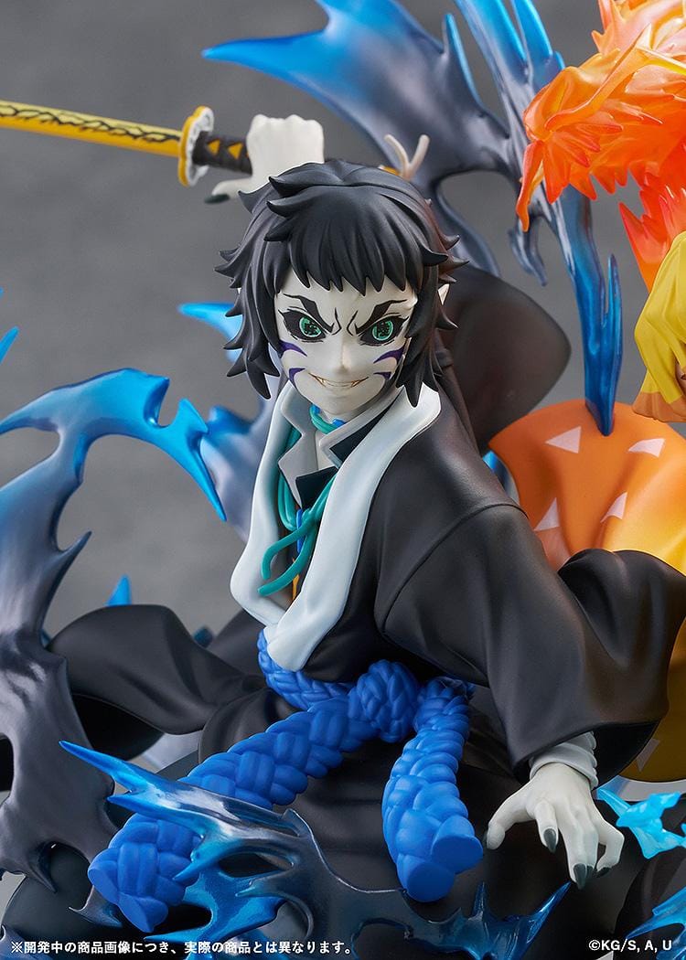 Zenitsu Agatsuma and Kaigaku Demon Slayer figure with lightning effects in dynamic battle pose