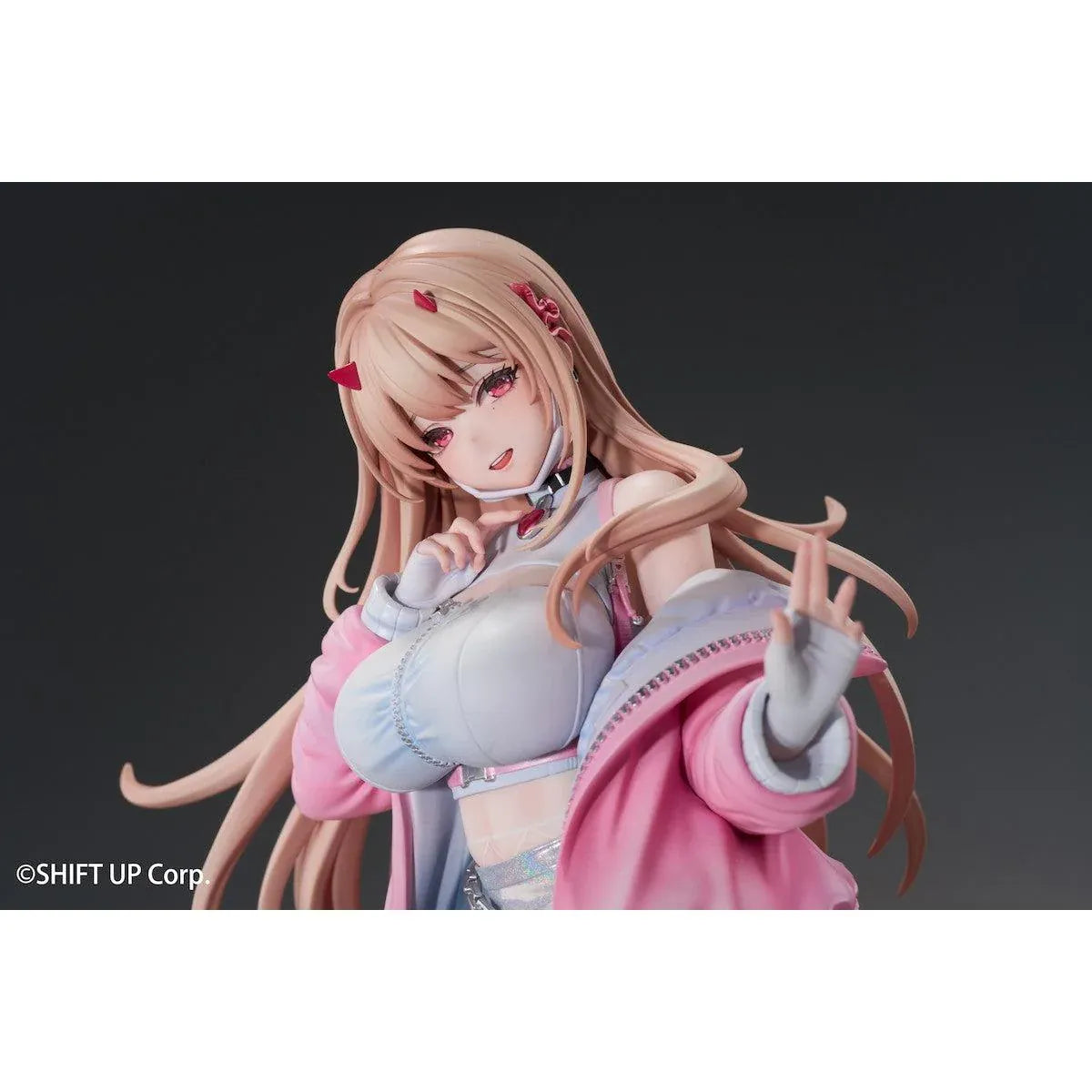Viper Standard Edition 1/7 scale figure from Goddess of Victory Nikke wearing a pink jacket, short skirt, patterned stockings, and heeled boots.