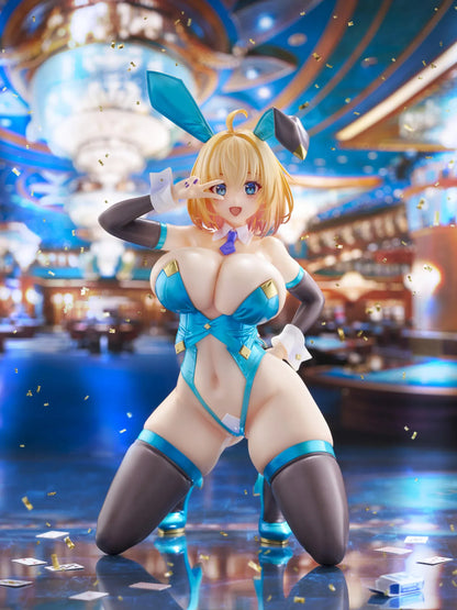 Illustration Sakura Sophia F. Shirring Blue Bunny Ver. 1/6 Scale Figure featuring Sakura Sophia in a blue bunny outfit with blonde hair, bunny ears, card details, and casino-inspired display background.