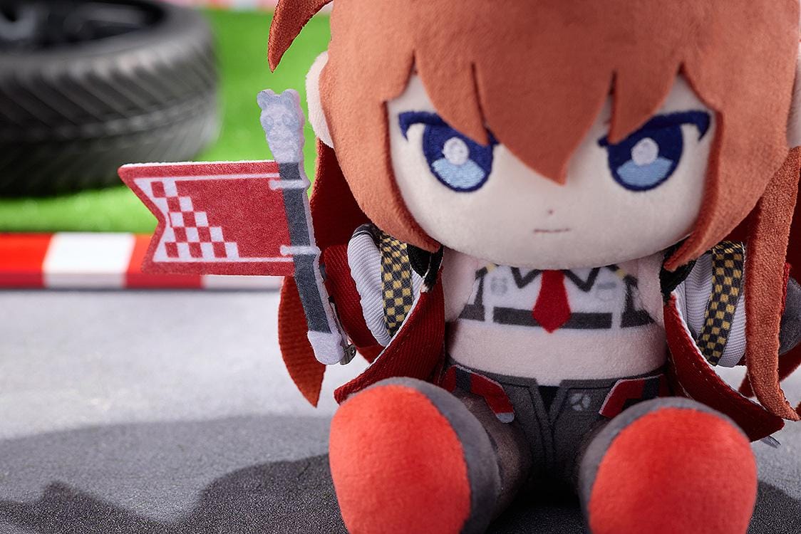 STEINS;GATE Kurisu Makise Racing Ver. Punipuni Plushie seated with reddish-brown hair, blue embroidered eyes, a racing outfit, and a red flag.