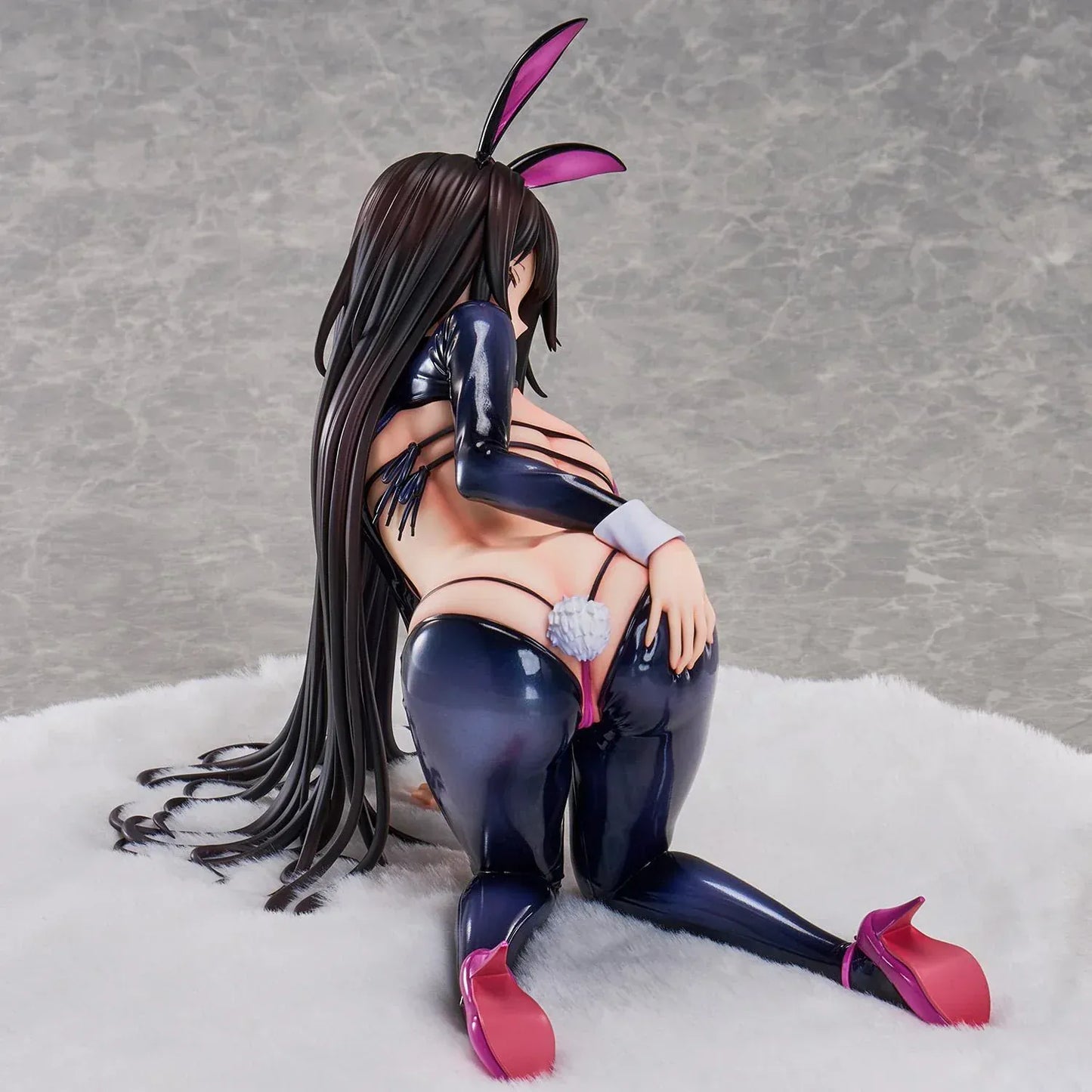 Reverse Bunny anime figure based on a Hirari illustration, posed low to the ground in a glossy dark bunny suit with long flowing hair and pink heels.