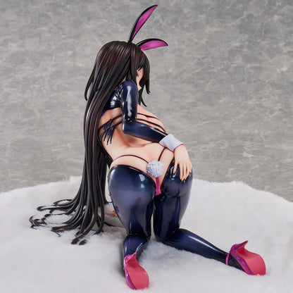 Reverse Bunny anime figure based on a Hirari illustration, posed low to the ground in a glossy dark bunny suit with long flowing hair and pink heels.