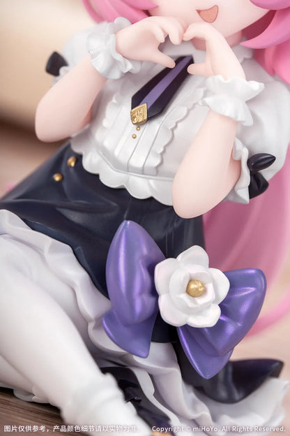 Honkai Impact 3rd Little Series Elysia Little Flame-Chaser Ver. Figure featuring Elysia with pink hair, chibi styling, black-and-white outfit, purple bow accents, and pastel heart cushion.