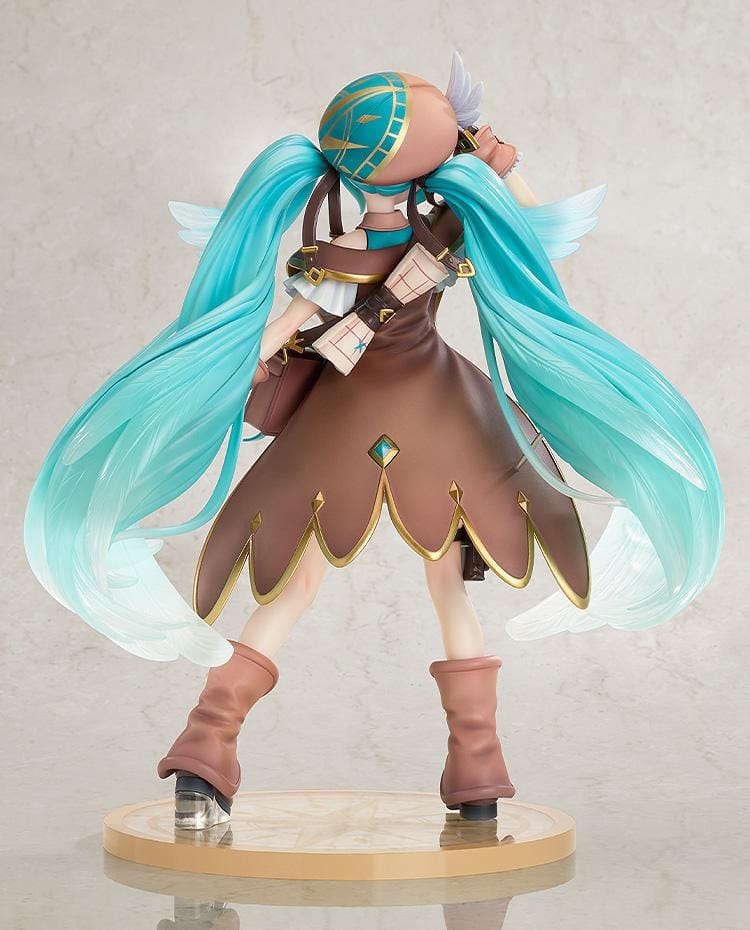 1/7 scale Hatsune Miku 100th Adventure Ver. figure in teal traveler outfit with long twin-tails and compass-style base