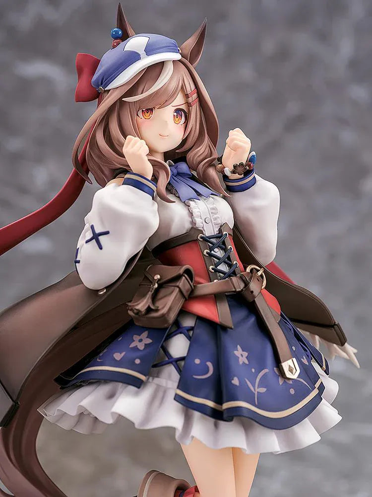 Umamusume Pretty Derby Matikanetannhauser 1/7 scale rerelease figure in a blue-and-red outfit with a flowing cape and themed display base.