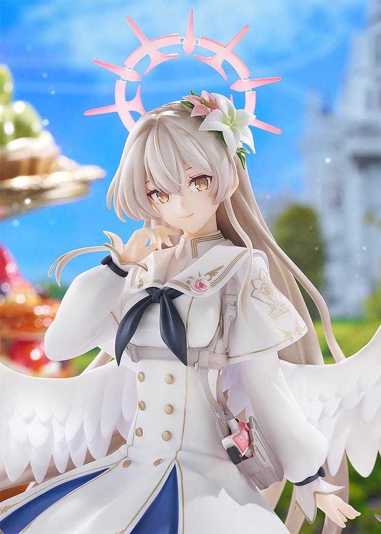 Blue Archive G.S. Collection Nagisa Radiance in Bloom 1/7 Scale Figure with white angel wings, floral halo, flowing uniform, and decorative crescent moon base