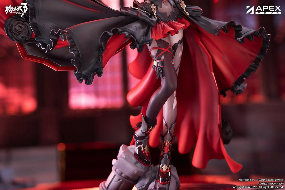 Honkai Impact 3rd Lunar Vow Crimson Love 1/7 scale figure with pale lavender hair, a black-and-red outfit, a small bat, and broken stonework.