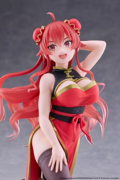 Mushoku Tensei Jobless Reincarnation Desktop Cute Eris Boreas Greyrat Chinese Dress Ver. Figure featuring long flowing red hair, red eyes, decorative twin buns, a red and black Chinese-inspired dress with gold accents, and dark thigh-high stockings in a playful kneeling pose.