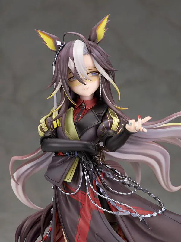 UmaMusume Dream Journey 1/7 scale figure with flowing hair, glasses, and a dark coat with red lacing, standing on a black and gold named pedestal.