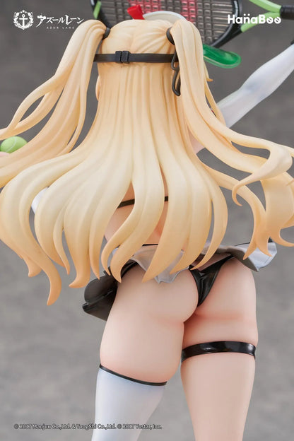 Azur Lane Bache Showy Sports Star Deluxe Ver. 1/6 Scale Figure featuring Bache in a tennis-inspired outfit with racket, tennis balls, display base, bonus artwork, and character can badge.
