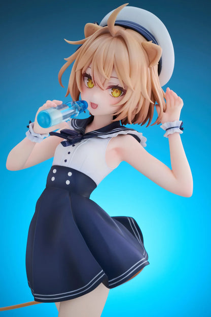 Rurudo Lion Marine Sailor Ver. figure in a navy and white sailor dress and hat, holding a blue bottle beside a chibi lion companion.