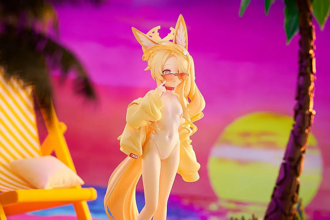 Blue Archive Seia Swimsuit 1/7 scale figure wearing a white swimsuit, yellow jacket, tinted sunglasses, and gold sandals.