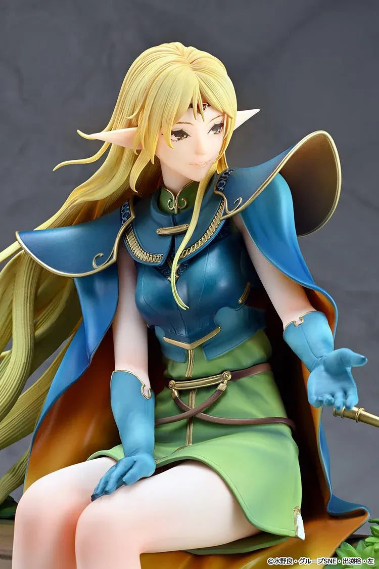 Record of Lodoss War Deedlit figure seated on a log in green clothing and blue armor, with flowing blonde hair, a winged companion, and a woodland base.