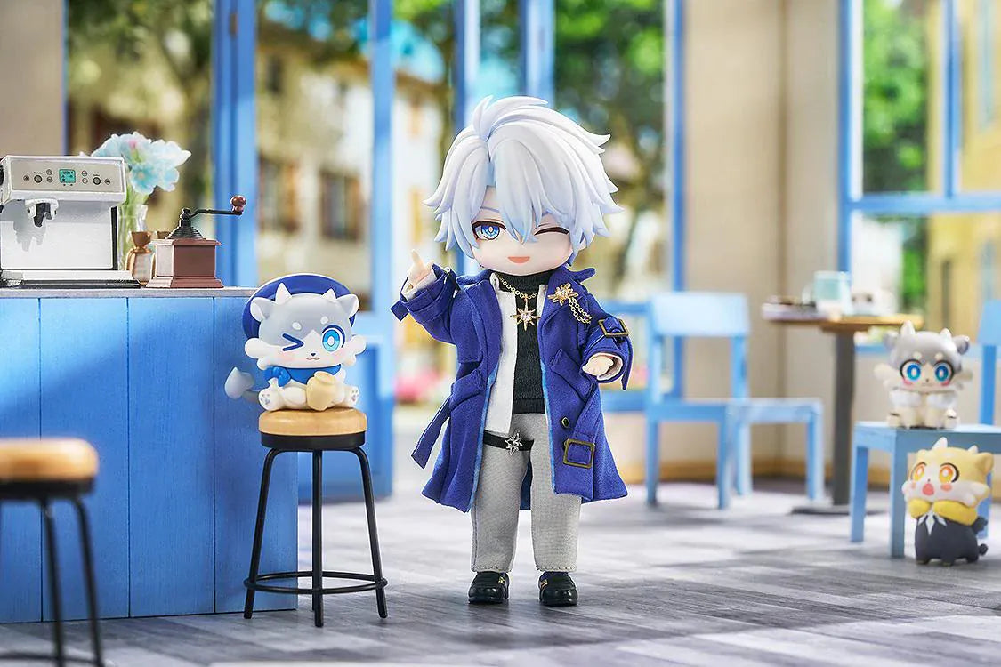 Honkai Star Rail Nendoroid Doll Phainon Express Travel Ver. featuring Phainon with silver-blue hair, blue coat, fabric-style outfit, gold accessories, and wink expression.