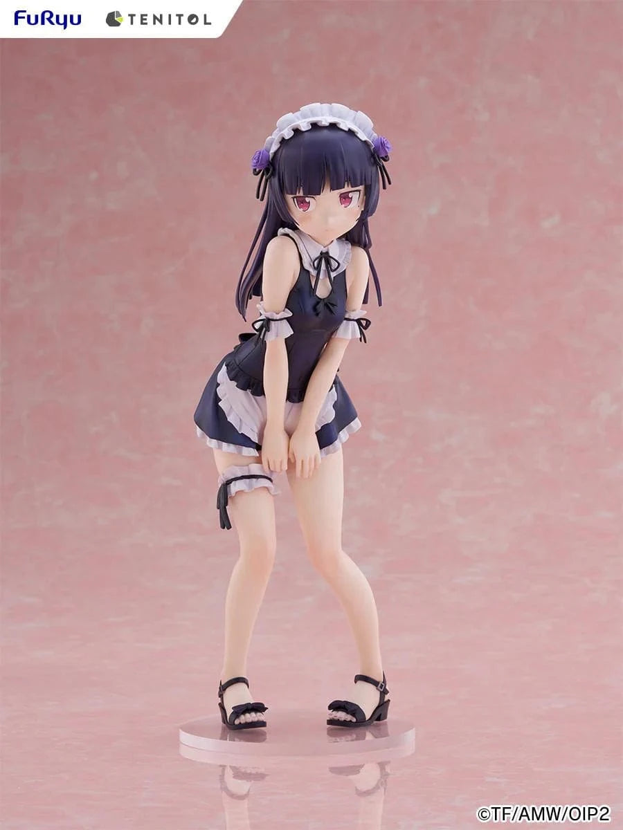 Oreimo Tenitol Tall Kuroneko Swimsuit Maid Ver. Figure featuring Kuroneko in a black-and-white maid swimsuit posing shyly by a dessert table with a beach backdrop