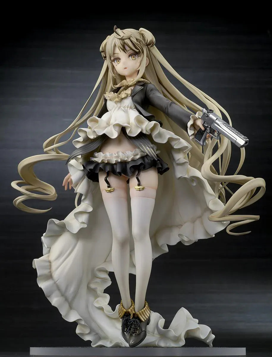 Girls' Frontline Desert Eagle 1/7 Scale Figure featuring Desert Eagle with long blonde hair, white-and-black outfit, golden eyes, handgun accessory, and flowing dress details.