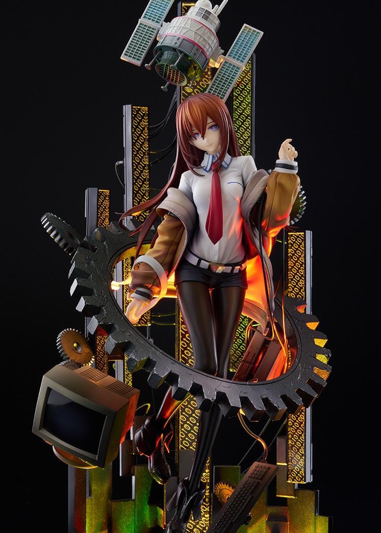 Kurisu Makise 1/7 scale figure surrounded by gears, binary-patterned panels, a satellite, retro monitor, and computer equipment with red-orange accents.