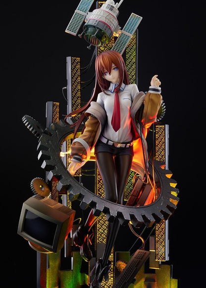Kurisu Makise 1/7 scale figure surrounded by gears, binary-patterned panels, a satellite, retro monitor, and computer equipment with red-orange accents.