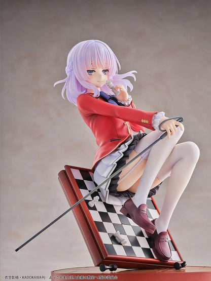 Classroom of the Elite Arisu Sakayanagi 1/7 Scale Figure featuring Arisu seated on a chessboard-style display with beret, red blazer, cane accessory, and round base.