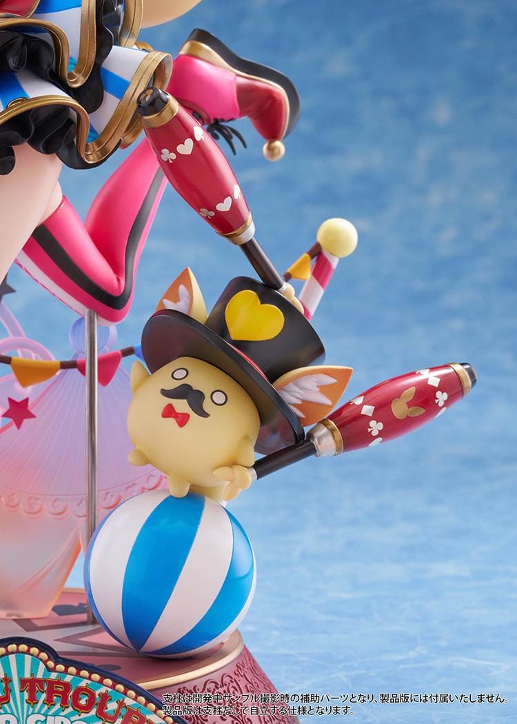 hololive production Omaru Polka 1/7 Scale Figure with jester outfit, fox ears, baton, colorful circus base, and dynamic pose