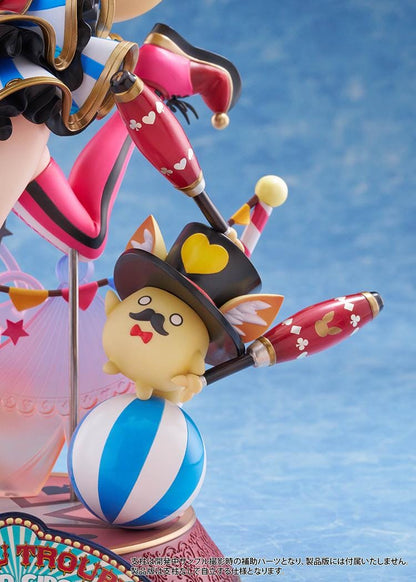 hololive production Omaru Polka 1/7 Scale Figure with jester outfit, fox ears, baton, colorful circus base, and dynamic pose