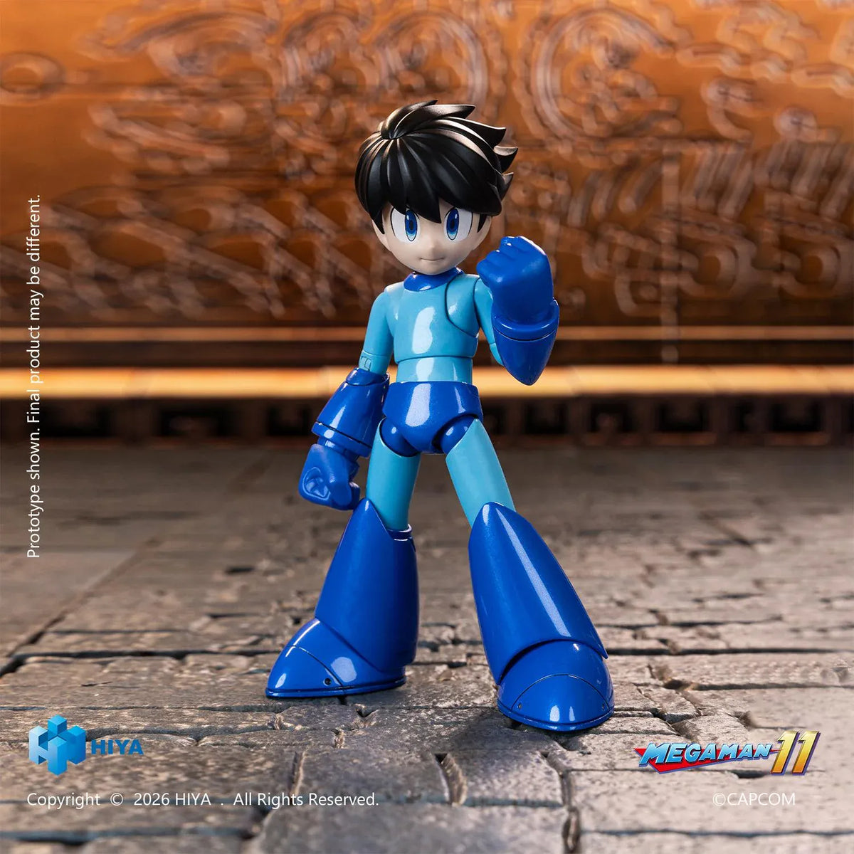 Mega Man Original Series action figure by Hiya Toys with interchangeable faces, hands, Mega Buster, charged-shot effect, and clear display stand.