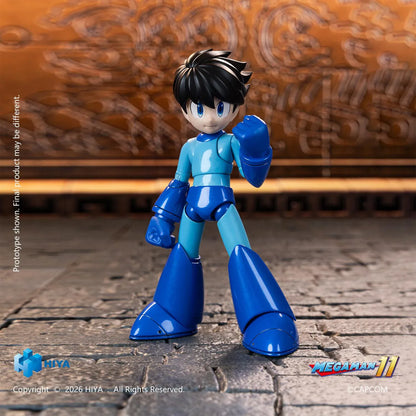 Mega Man Original Series action figure by Hiya Toys with interchangeable faces, hands, Mega Buster, charged-shot effect, and clear display stand.