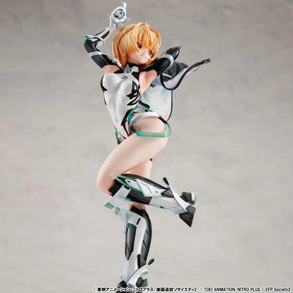 Lucrea Gabriel figure with golden hair, red eyes, black and white futuristic armor, turquoise accents, and a flowing iridescent-lined jacket.