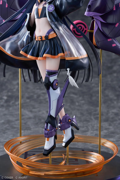 Ninomae Ina’nis AXGRIT Ver. figure with flowing dark hair, an oversized jacket, armored boots, purple mechanical elements, and orange rings above a circular base.