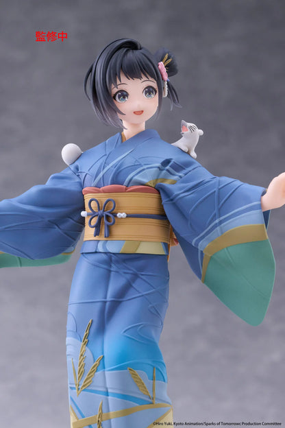 Sparks of Tomorrow Inako Momokawa Coreful Figure featuring a dark-haired anime girl with a pink floral hair accessory, blue kimono with gold and green accents, golden obi, brown boots, and a small white cat perched on her shoulder, standing on a textured circular base.