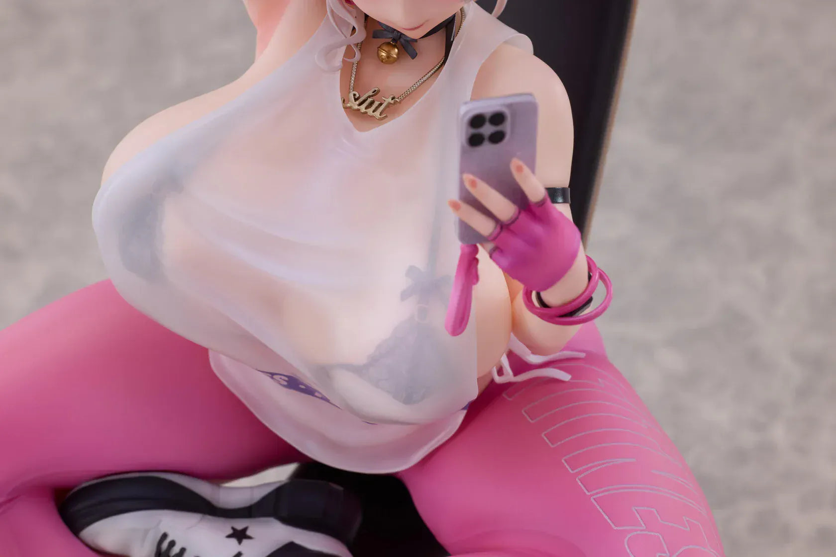 Kyou wa Mune Tore 1/6 scale figure by RST featuring sporty pink outfit, selfie pose, foldable chair, and deluxe bonus items
