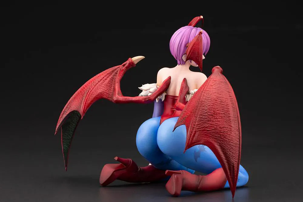 Darkstalkers Lilith 1/7 Scale Figure featuring Lilith with purple hair, bat wing accents, red-and-blue outfit details, and a playful seated pose.